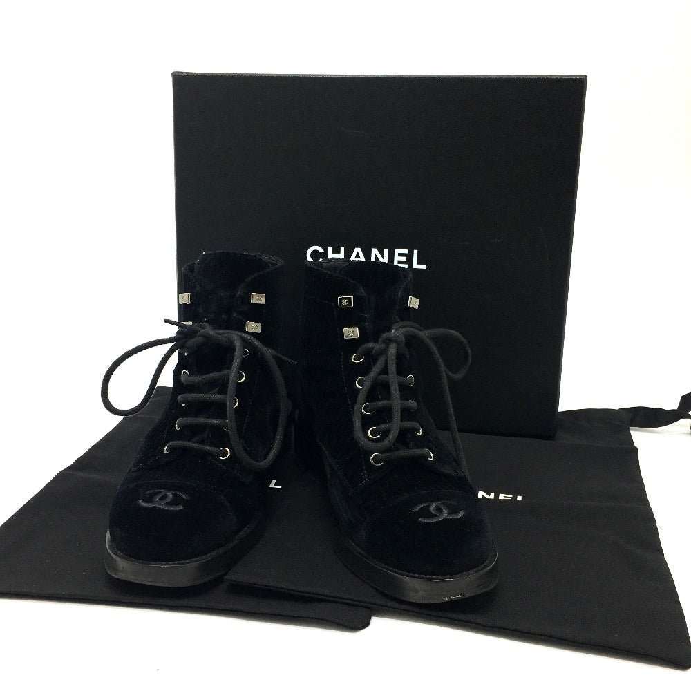 CHANEL boots G34954 velvet black CC COCO Mark Lace up Women 37.5 Used Authentic