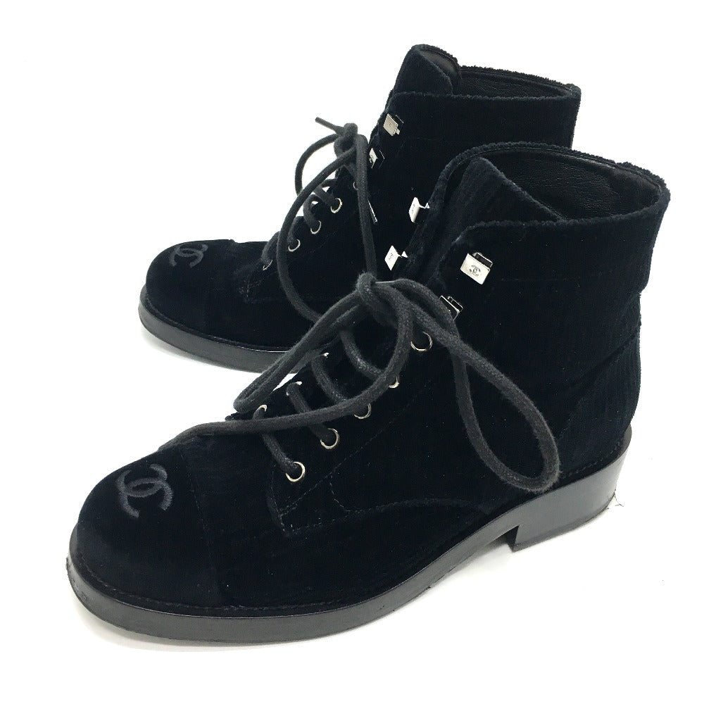 CHANEL boots G34954 velvet black CC COCO Mark Lace up Women 37.5 Used Authentic