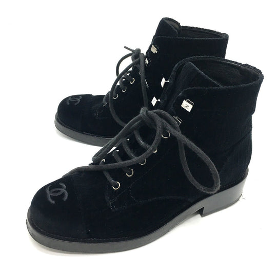 CHANEL boots G34954 velvet black CC COCO Mark Lace up Women 37.5 Used Authentic