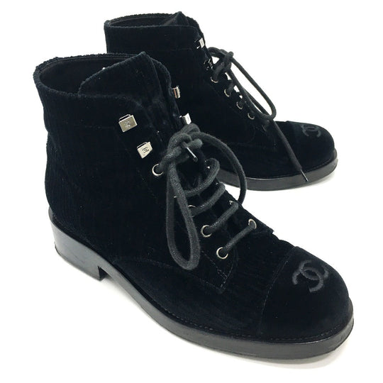 CHANEL boots G34954 velvet black CC COCO Mark Lace up Women 37.5 Used Authentic