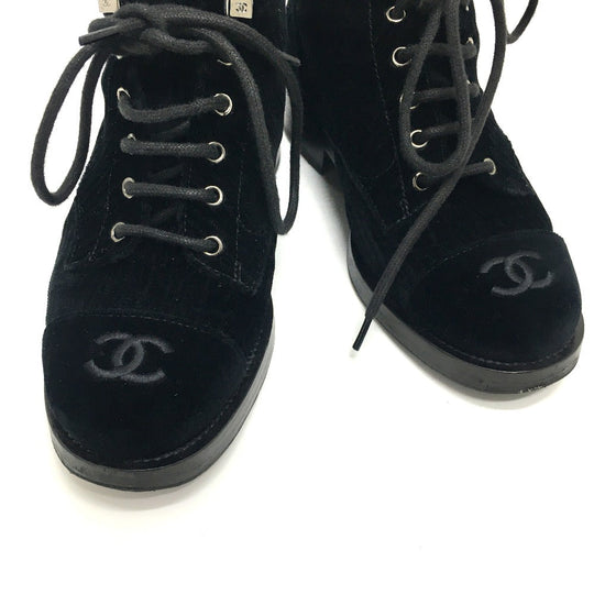 CHANEL boots G34954 velvet black CC COCO Mark Lace up Women 37.5 Used Authentic