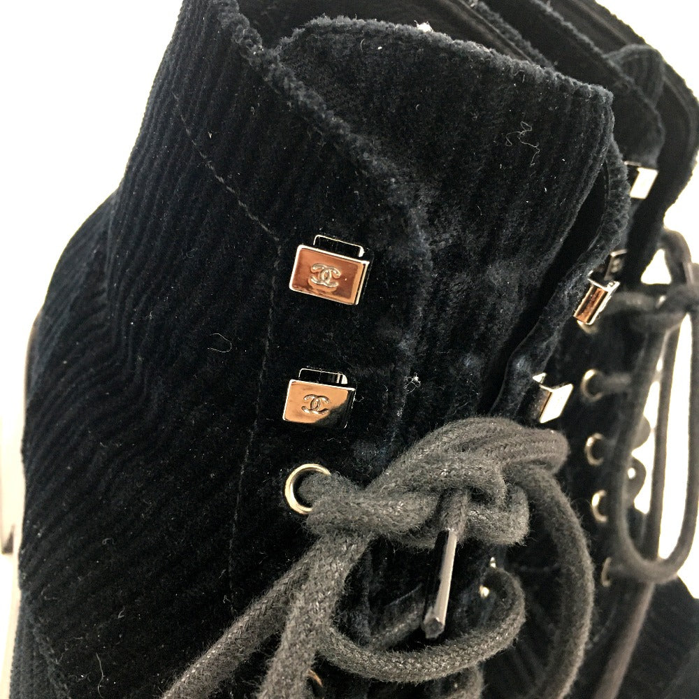 CHANEL boots G34954 velvet black CC COCO Mark Lace up Women 37.5 Used Authentic