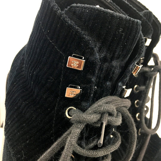 CHANEL boots G34954 velvet black CC COCO Mark Lace up Women 37.5 Used Authentic