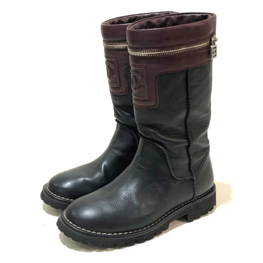 CHANEL boots lambskin Black x Bordeaux Here Cocoon Women 35 Used Authentic