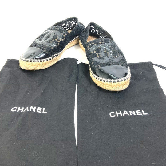 CHANEL Slip-on Canvas, Canvas black Flat Shoes Slip-on CC COCO Mark Race Women 39 Used Authentic