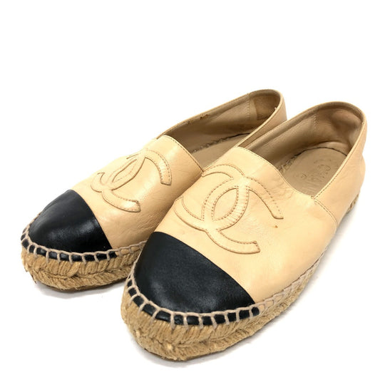 CHANEL Slip-on leather beige Espadrille Women M Used Authentic