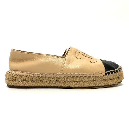 CHANEL Slip-on leather beige Espadrille Women M Used Authentic