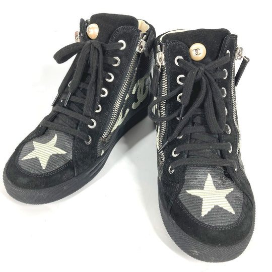 CHANEL sneakers G30243 Canvas / leather black 14A Star Fake Pearl Zip Star Women 35 Used Authentic