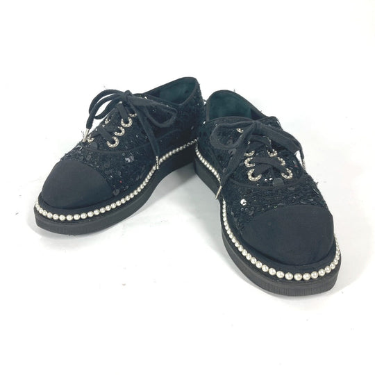 CHANEL sneakers G32357 Sequin black shoe laces shoes CC COCO Mark Pearl Sequins Women 37 Used Authentic