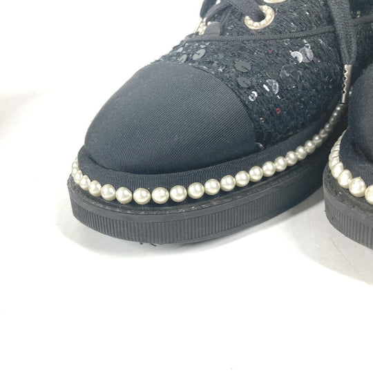 CHANEL sneakers G32357 Sequin black shoe laces shoes CC COCO Mark Pearl Sequins Women 37 Used Authentic
