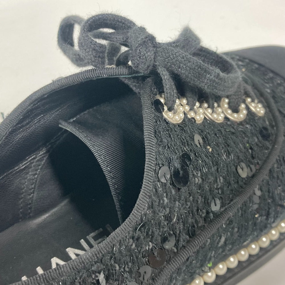 CHANEL sneakers G32357 Sequin black shoe laces shoes CC COCO Mark Pearl Sequins Women 37 Used Authentic
