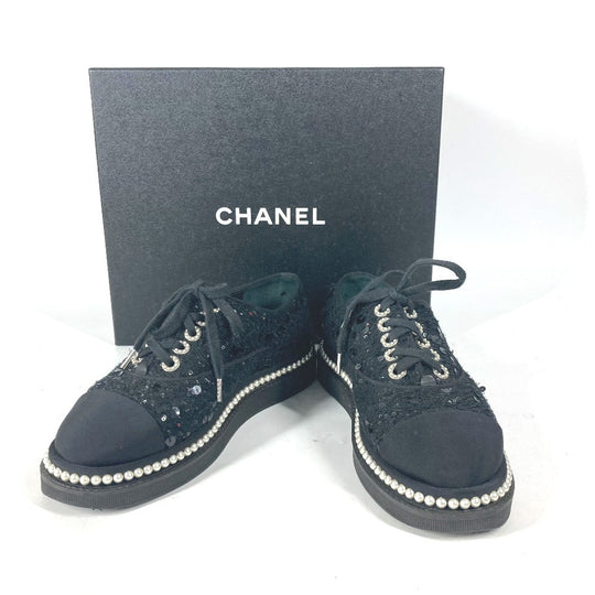 CHANEL sneakers G32357 Sequin black shoe laces shoes CC COCO Mark Pearl Sequins Women 37 Used Authentic