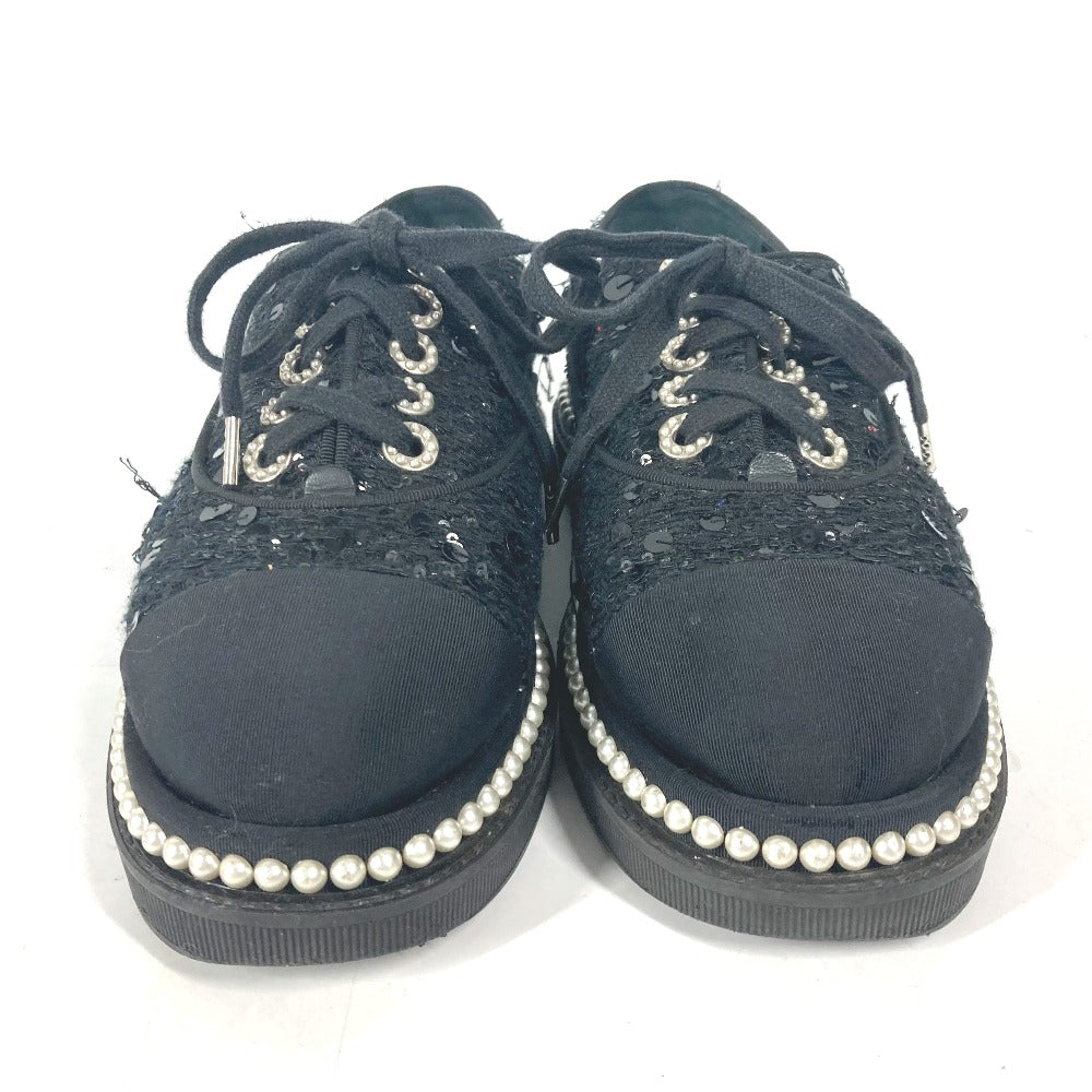 CHANEL sneakers G32357 Sequin black shoe laces shoes CC COCO Mark Pearl Sequins Women 37 Used Authentic