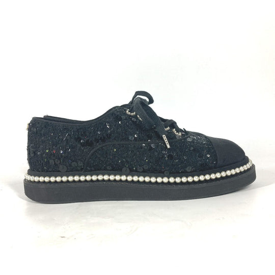 CHANEL sneakers G32357 Sequin black shoe laces shoes CC COCO Mark Pearl Sequins Women 37 Used Authentic
