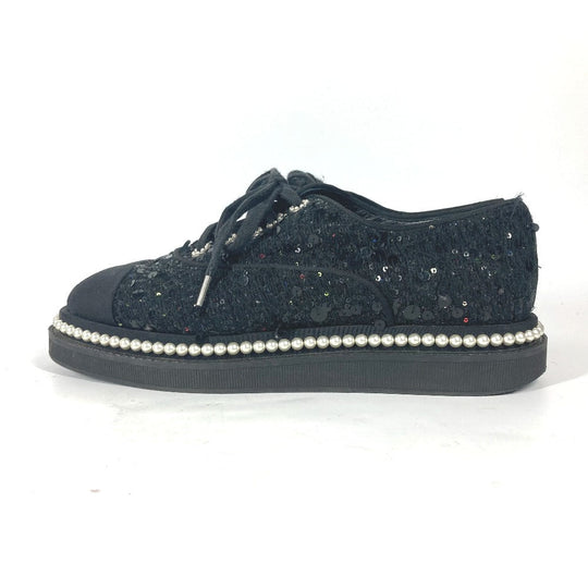 CHANEL sneakers G32357 Sequin black shoe laces shoes CC COCO Mark Pearl Sequins Women 37 Used Authentic