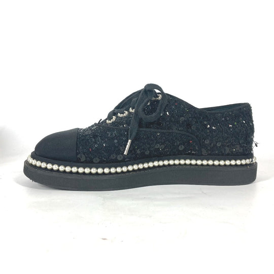 CHANEL sneakers G32357 Sequin black shoe laces shoes CC COCO Mark Pearl Sequins Women 37 Used Authentic