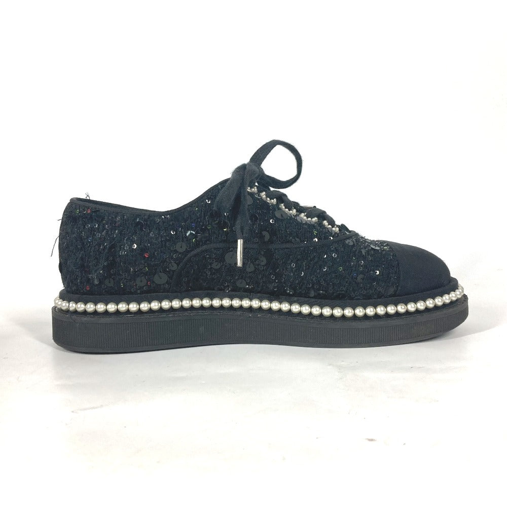 CHANEL sneakers G32357 Sequin black shoe laces shoes CC COCO Mark Pearl Sequins Women 37 Used Authentic