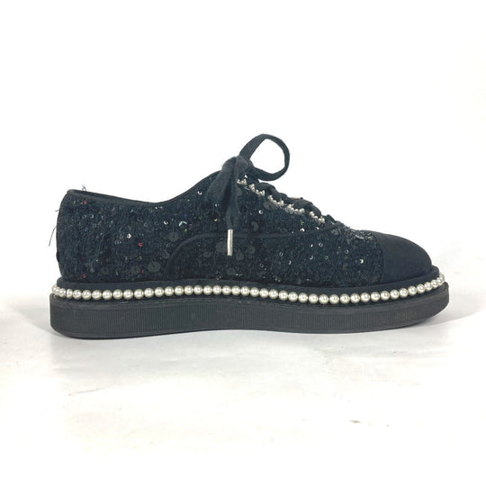 CHANEL sneakers G32357 Sequin black shoe laces shoes CC COCO Mark Pearl Sequins Women 37 Used Authentic