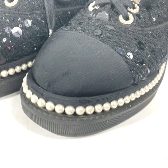 CHANEL sneakers G32357 Sequin black shoe laces shoes CC COCO Mark Pearl Sequins Women 37 Used Authentic