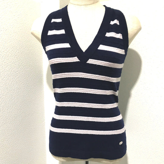CHANEL knit Navy border Sleeveless knit Women 34 Used Authentic