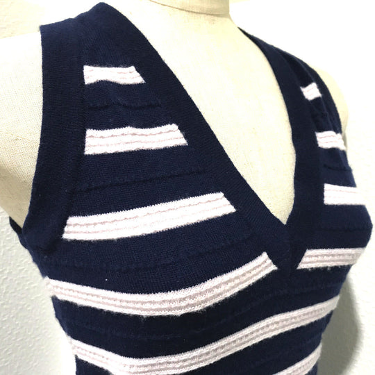 CHANEL knit Navy border Sleeveless knit Women 34 Used Authentic