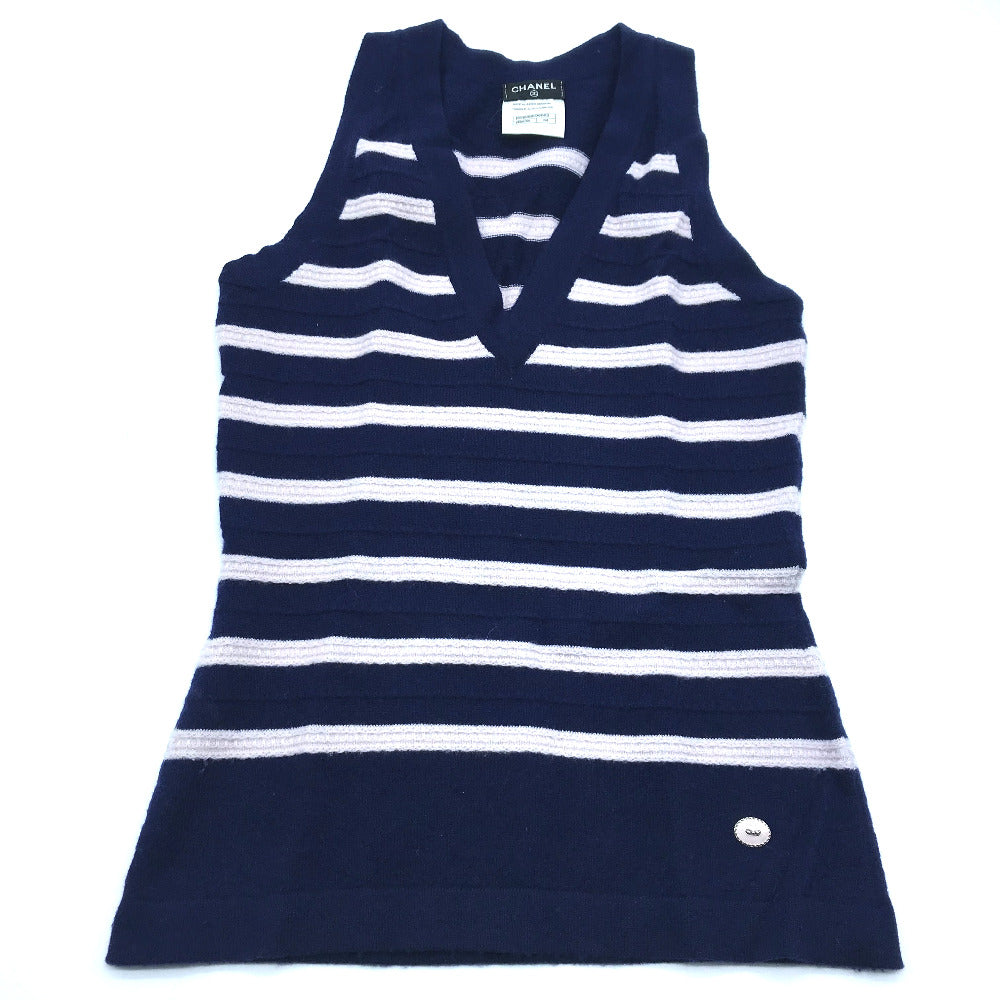 CHANEL knit Navy border Sleeveless knit Women 34 Used Authentic