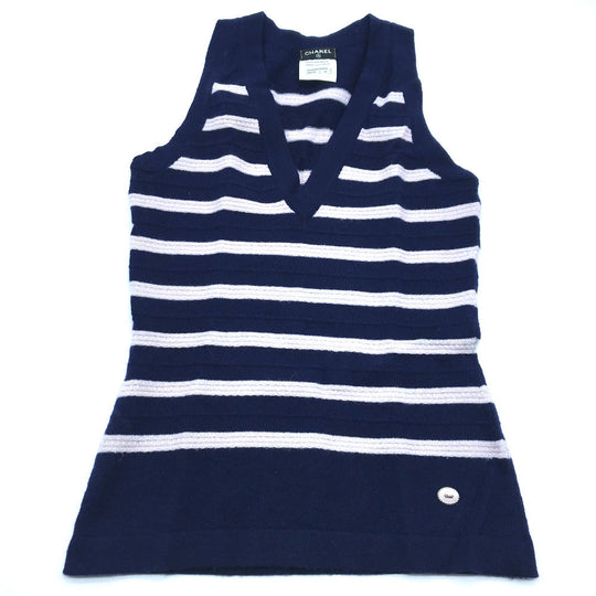 CHANEL knit Navy border Sleeveless knit Women 34 Used Authentic