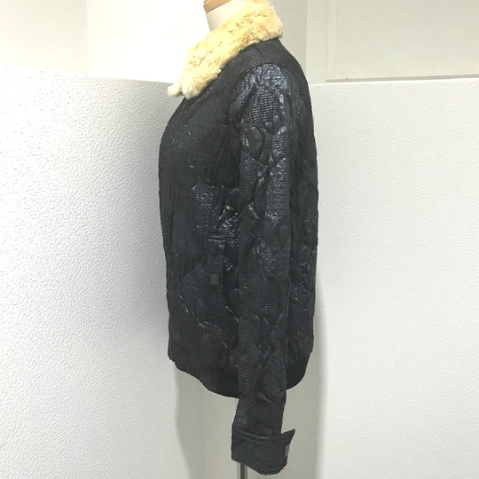 CHANEL Blouson Polyester, Cotton (1149), Microfiber (1865), ABS (1201), Acrylic (1767), Polyester (1168), PVC (1178), Stainless steel, Orirag fur Metallic black With fur 08A Women 38 Used Authentic
