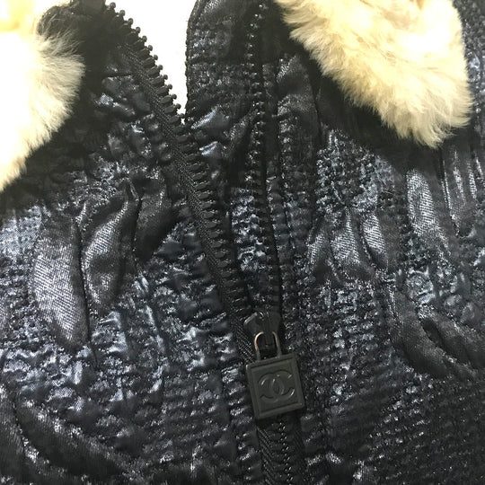 CHANEL Blouson Polyester, Cotton (1149), Microfiber (1865), ABS (1201), Acrylic (1767), Polyester (1168), PVC (1178), Stainless steel, Orirag fur Metallic black With fur 08A Women 38 Used Authentic