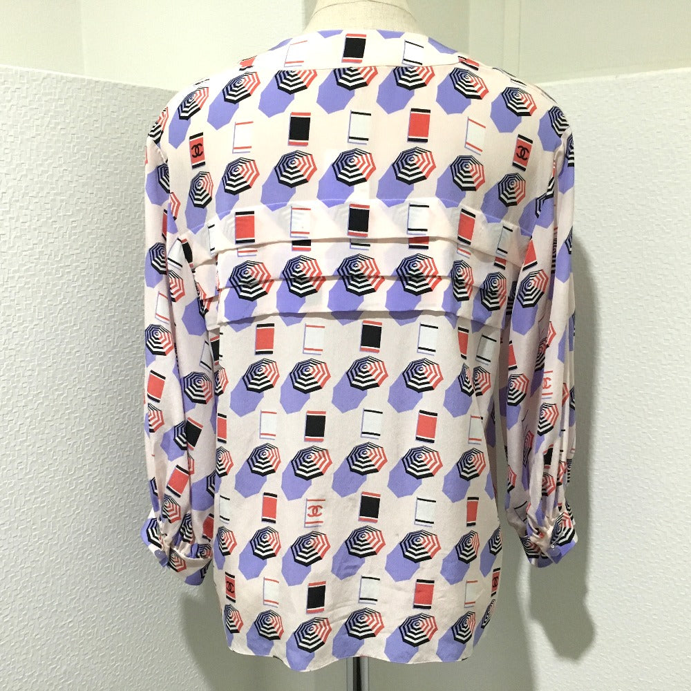 CHANEL Long sleeve shirt P61308 silk Soft pink typex multicolor CCCOCO Mark 19S parasol motif Women 34 Used Authentic
