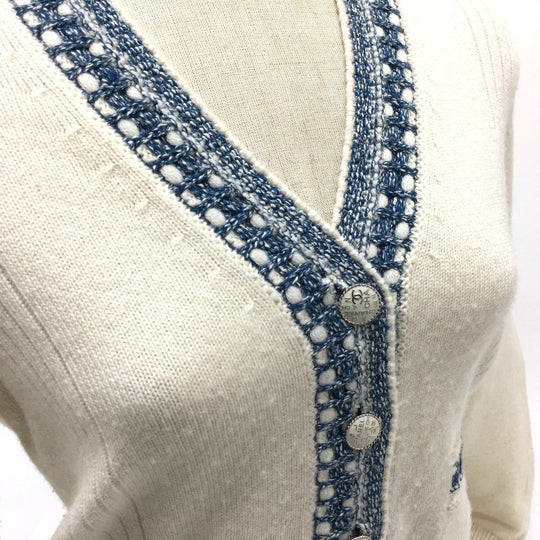 CHANEL cardigan P63079 cashmere White x blue CCCOCO Mark CHANEL 20P Spring / Summer 2020 Trimming Women 34 Used Authentic