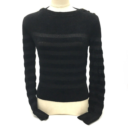 CHANEL sweater P65620 Rayon, Nylon black Border Pattern Bullover Women 34 Used Authentic