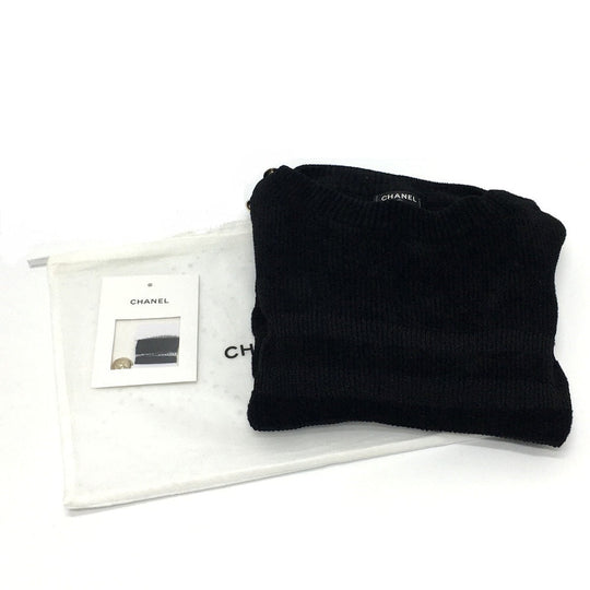 CHANEL sweater P65620 Rayon, Nylon black Border Pattern Bullover Women 34 Used Authentic