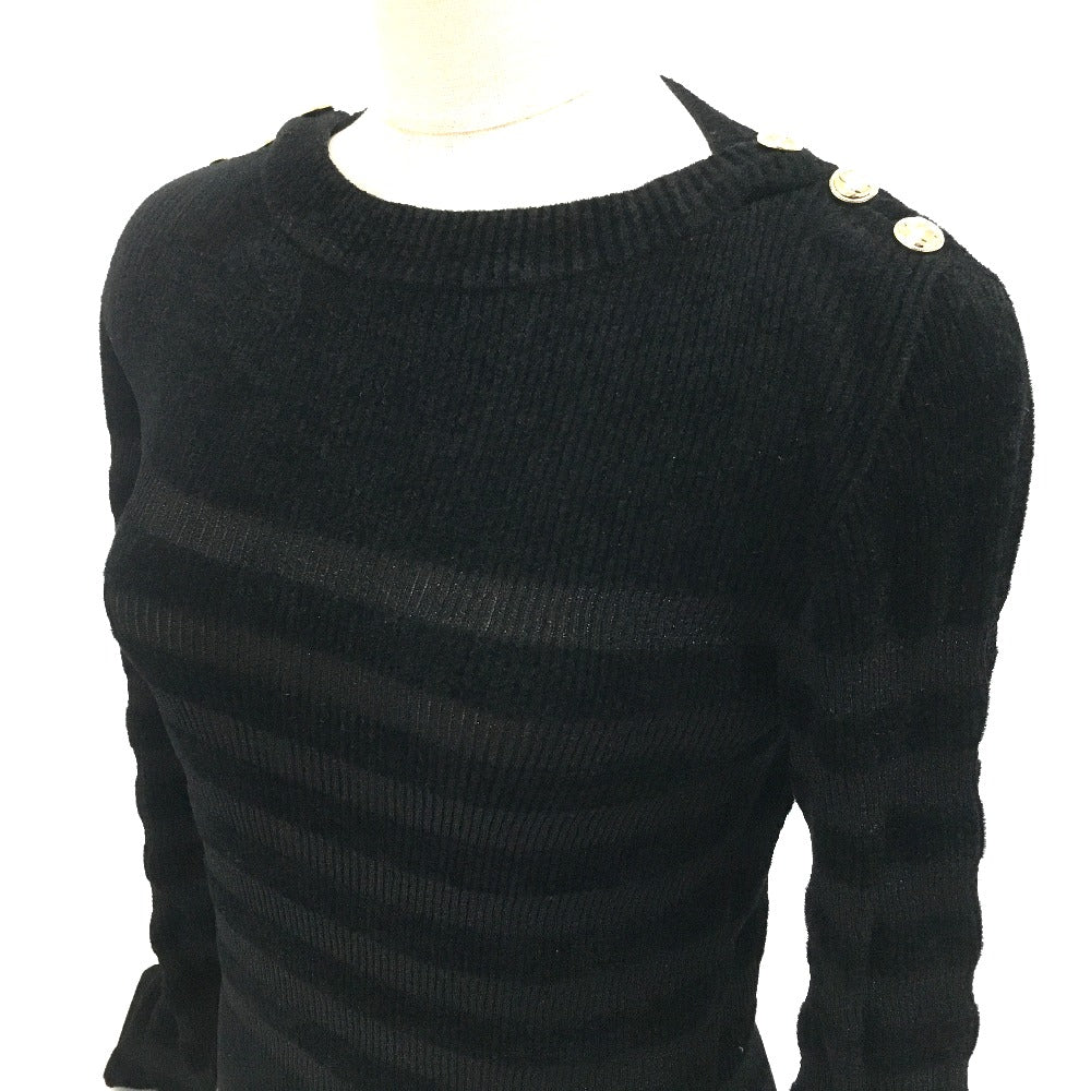 CHANEL sweater P65620 Rayon, Nylon black Border Pattern Bullover Women 34 Used Authentic