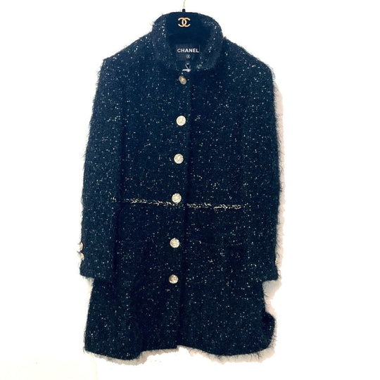 CHANEL coat P73115 Nylon, Cotton black lame tweed Matelasse COCO Mark Button Women 34 Used Authentic