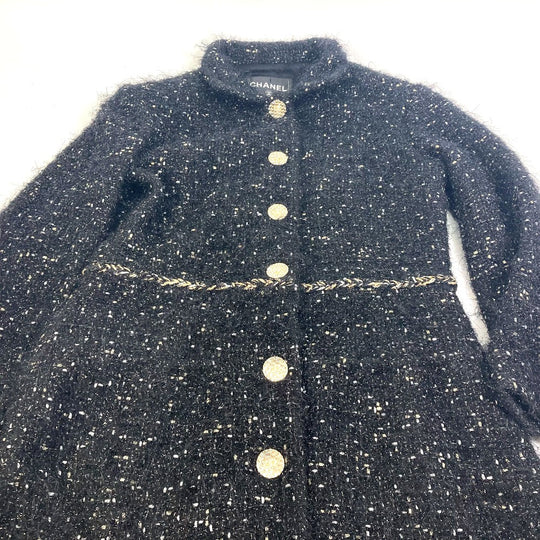 CHANEL coat P73115 Nylon, Cotton black lame tweed Matelasse COCO Mark Button Women 34 Used Authentic