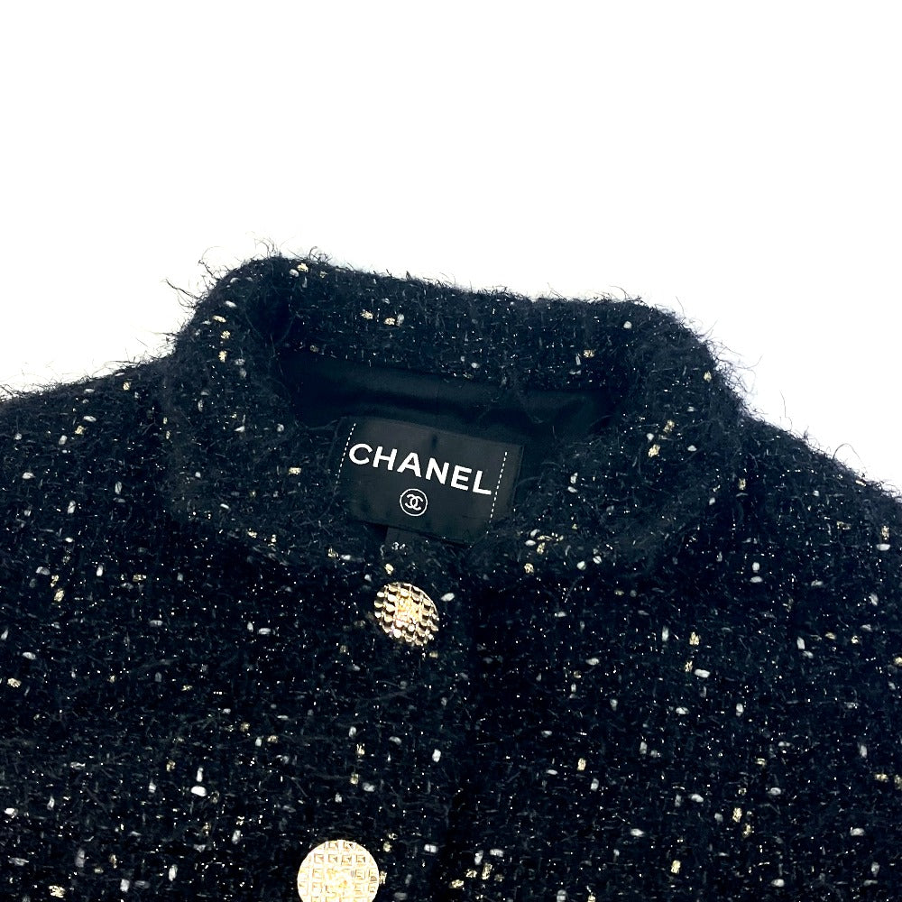 CHANEL coat P73115 Nylon, Cotton black lame tweed Matelasse COCO Mark Button Women 34 Used Authentic