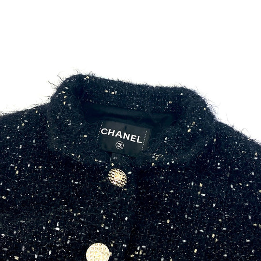 CHANEL coat P73115 Nylon, Cotton black lame tweed Matelasse COCO Mark Button Women 34 Used Authentic