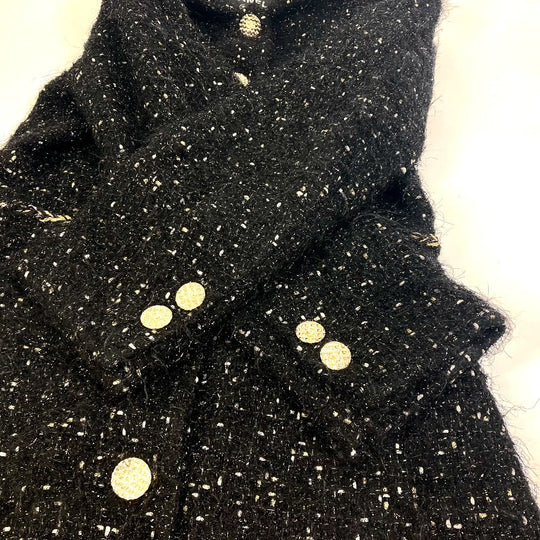 CHANEL coat P73115 Nylon, Cotton black lame tweed Matelasse COCO Mark Button Women 34 Used Authentic