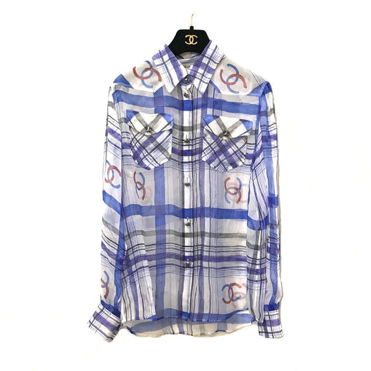 CHANEL blouse P74508 silk white CC COCO Mark printed muslin 34