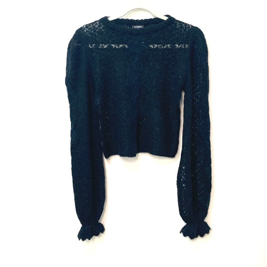 CHANEL knit P75692 Alpaca, Nylon black CC COCO Mark Lace Rhinestone Women 34 Used Authentic