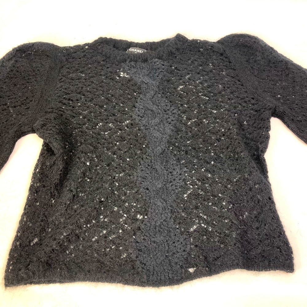 CHANEL knit P75692 Alpaca, Nylon black CC COCO Mark Lace Rhinestone Women 34 Used Authentic