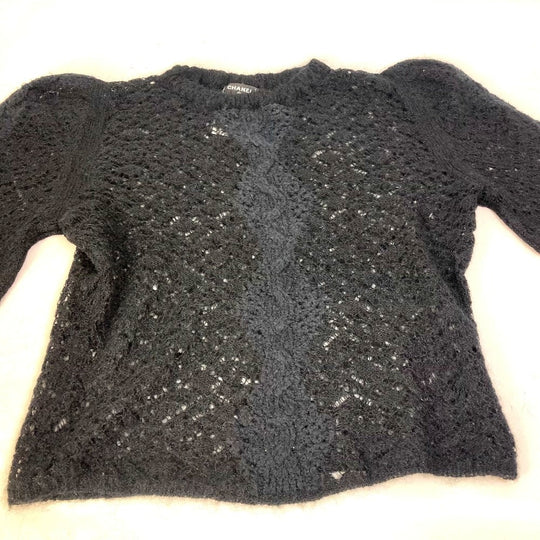 CHANEL knit P75692 Alpaca, Nylon black CC COCO Mark Lace Rhinestone Women 34 Used Authentic