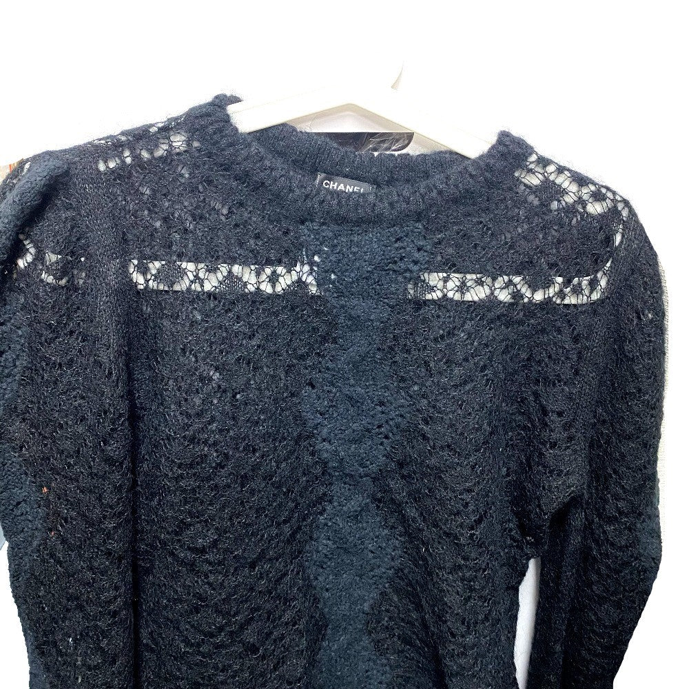 CHANEL knit P75692 Alpaca, Nylon black CC COCO Mark Lace Rhinestone Women 34 Used Authentic