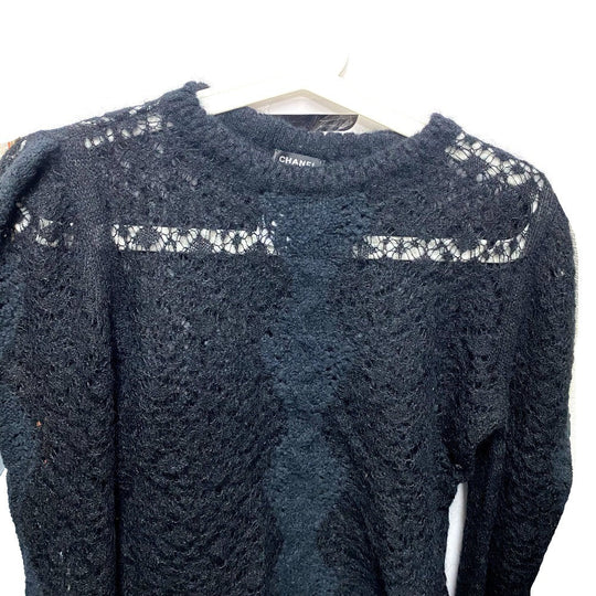 CHANEL knit P75692 Alpaca, Nylon black CC COCO Mark Lace Rhinestone Women 34 Used Authentic
