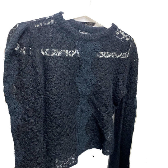 CHANEL knit P75692 Alpaca, Nylon black CC COCO Mark Lace Rhinestone Women 34 Used Authentic