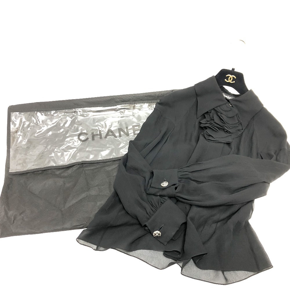 CHANEL blouse P55115 silk black Apparel long sleeve tops See-through Camellia Brooch Women 34 Used Authentic