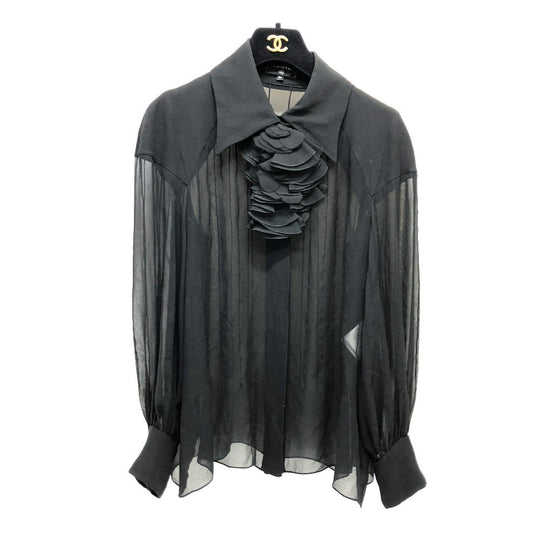 CHANEL blouse P55115 silk black Apparel long sleeve tops See-through Camellia Brooch Women 34 Used Authentic