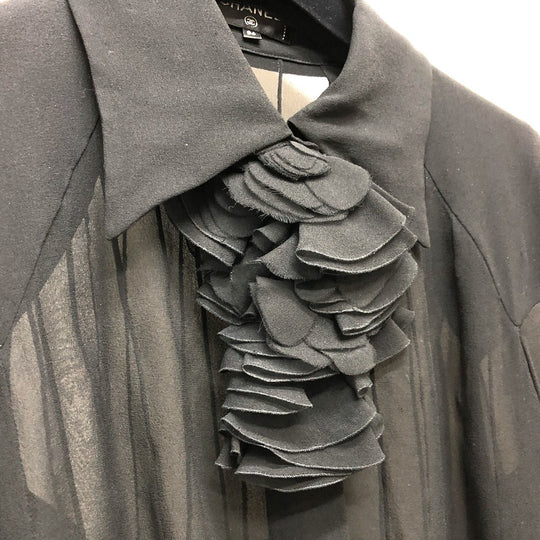 CHANEL blouse P55115 silk black Apparel long sleeve tops See-through Camellia Brooch Women 34 Used Authentic