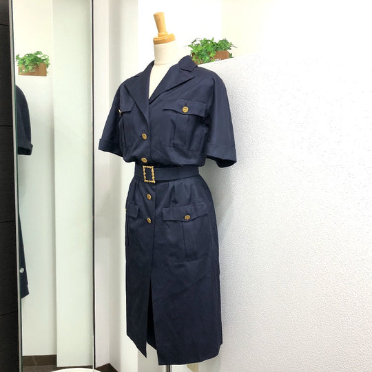 CHANEL one piece cotton Navy Vintage Coco Chanel Buttons Women 36 Used Authentic